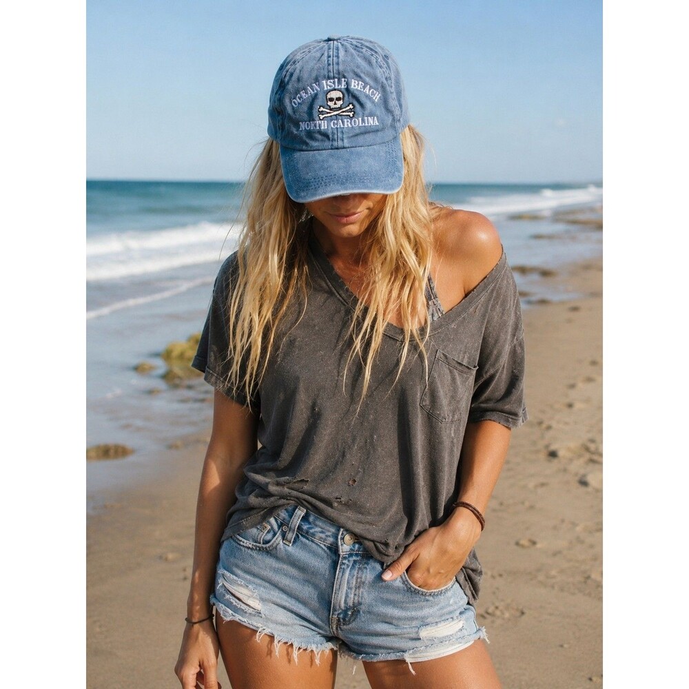 Ocean Isle Beach North Carolina Hat Cap Faded Blue Denim Embroidered Strap Back